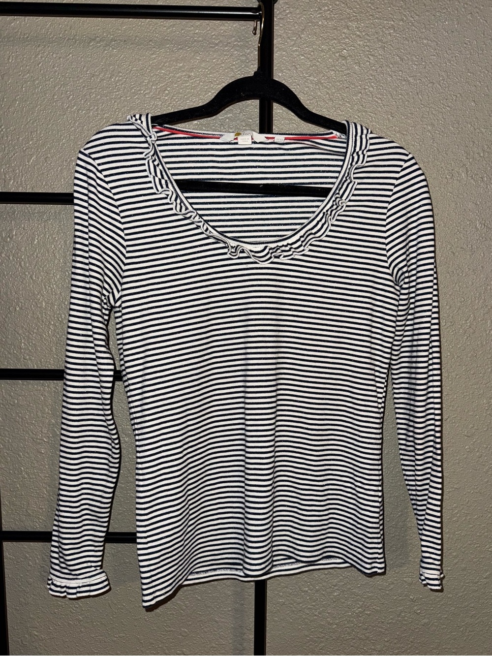 Boden Striped Long-Sleeve Ruffle Neck Top - Black & White